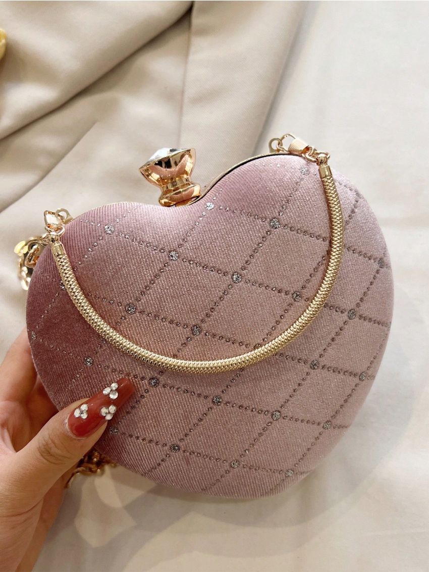 Mini  Novelty Bag Glamorous Rhinestone Decor Heart Design Chain