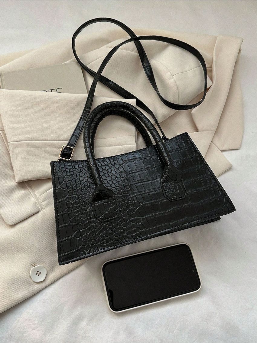 Crocodile Embossed Square Bag Zipper Double Handle PU Elegant
