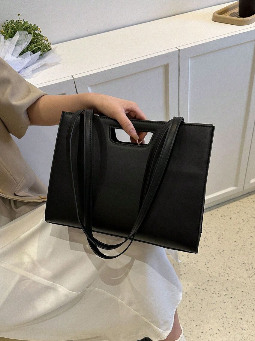 Minimalist Shoulder Tote Bag Double Handle Zipper PU
