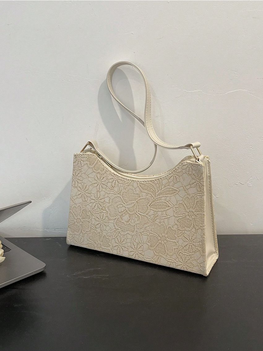 Floral Embroidery Baguette Bag