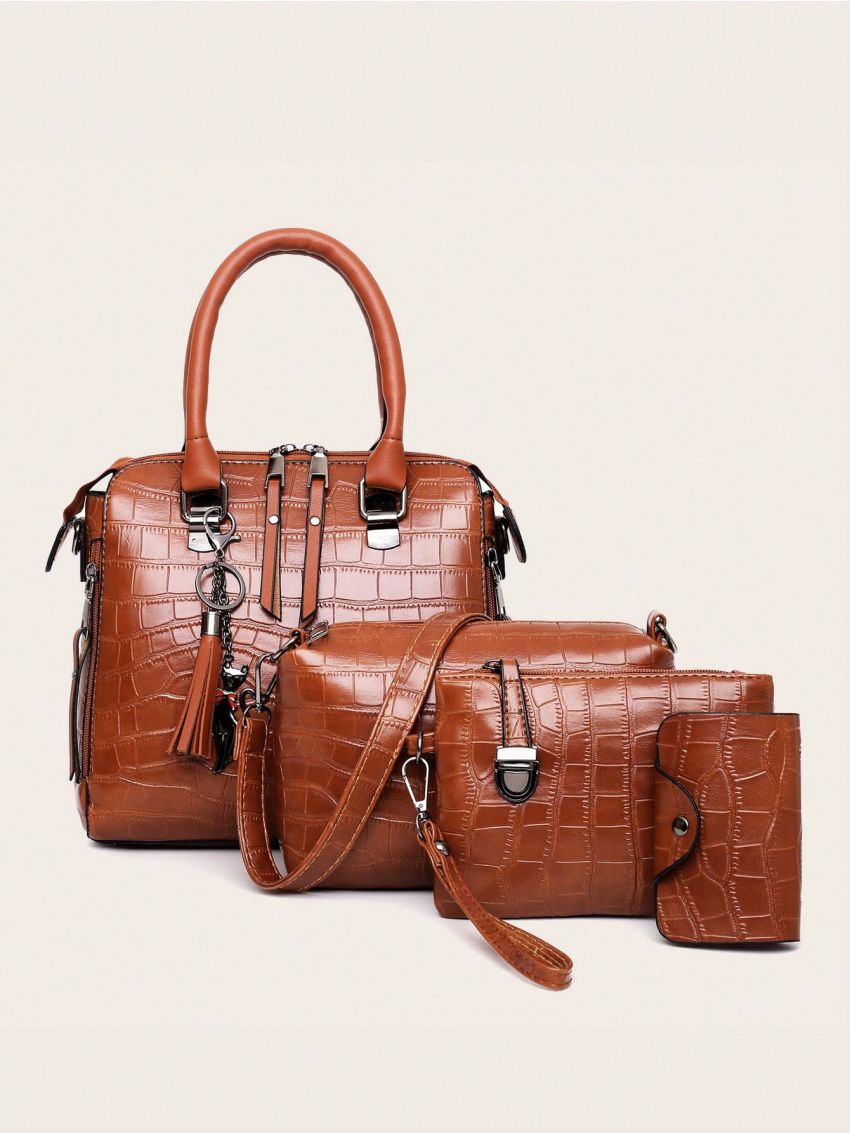 3pcs Bag Set Satchel Bag Shoulder Bag Square Bag Coin Purse Fashionable Crocodile Embossed PU