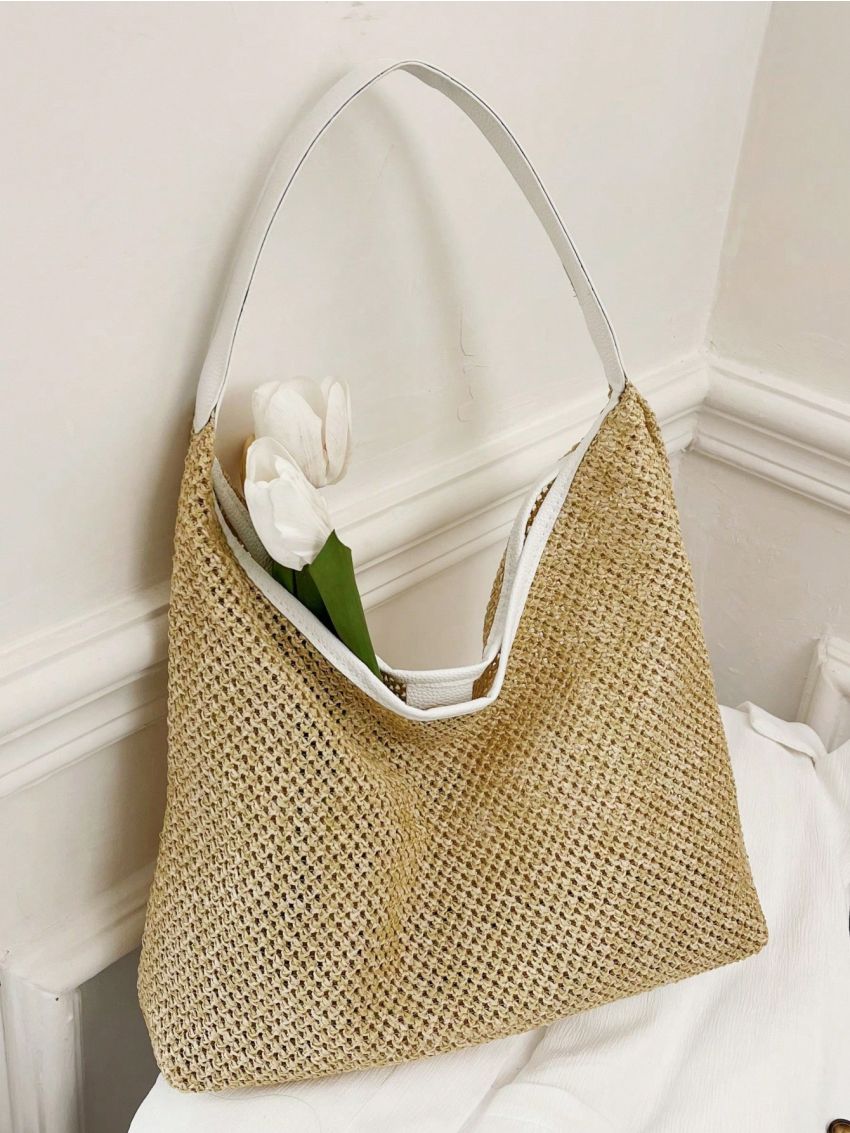 Vacation Straw Bag Color Block Braided Detail