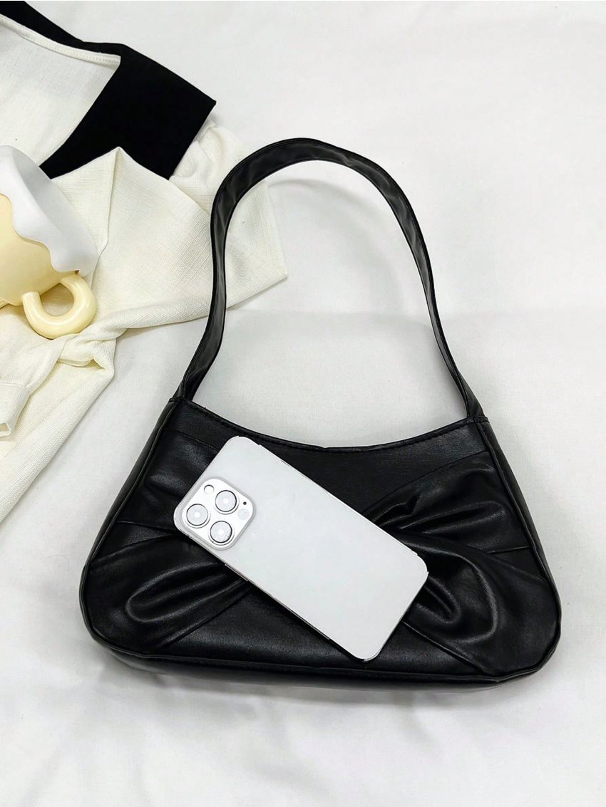 PU Baguette Bag Twist Decor Black Elegant