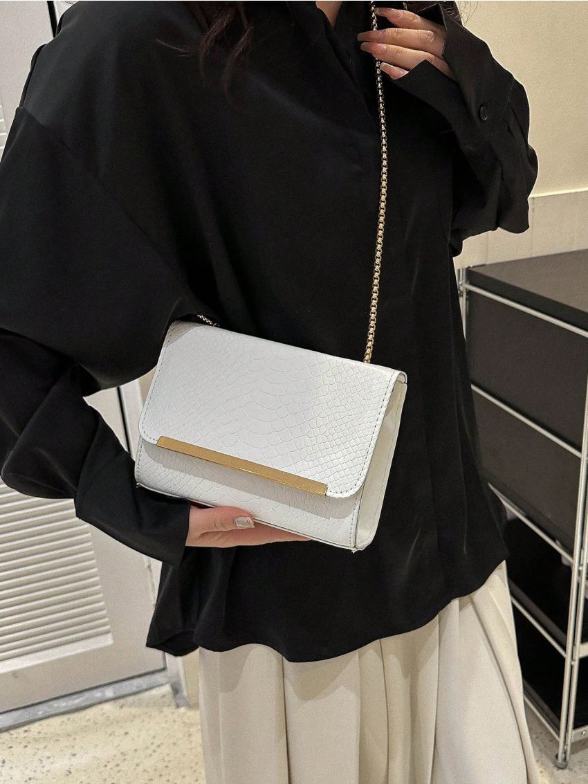 Mini Square Bag Fashionable Brown Crocodile Print Chain Strap