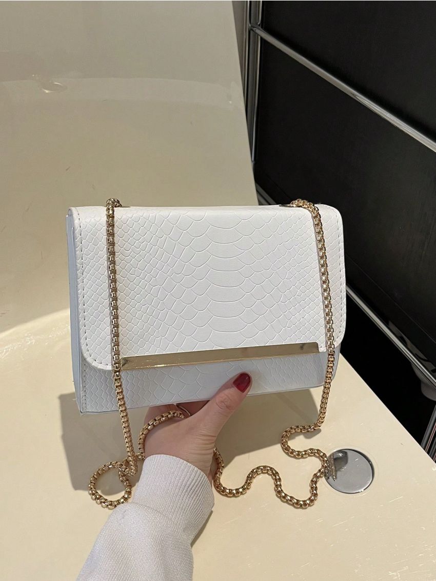 Mini Square Bag Fashionable Brown Crocodile Print Chain Strap