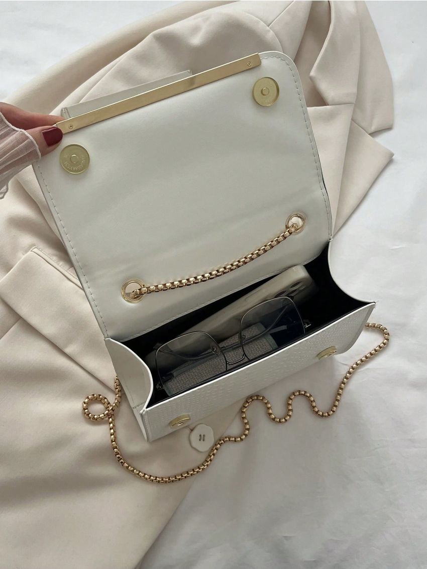 Mini Square Bag Fashionable Brown Crocodile Print Chain Strap