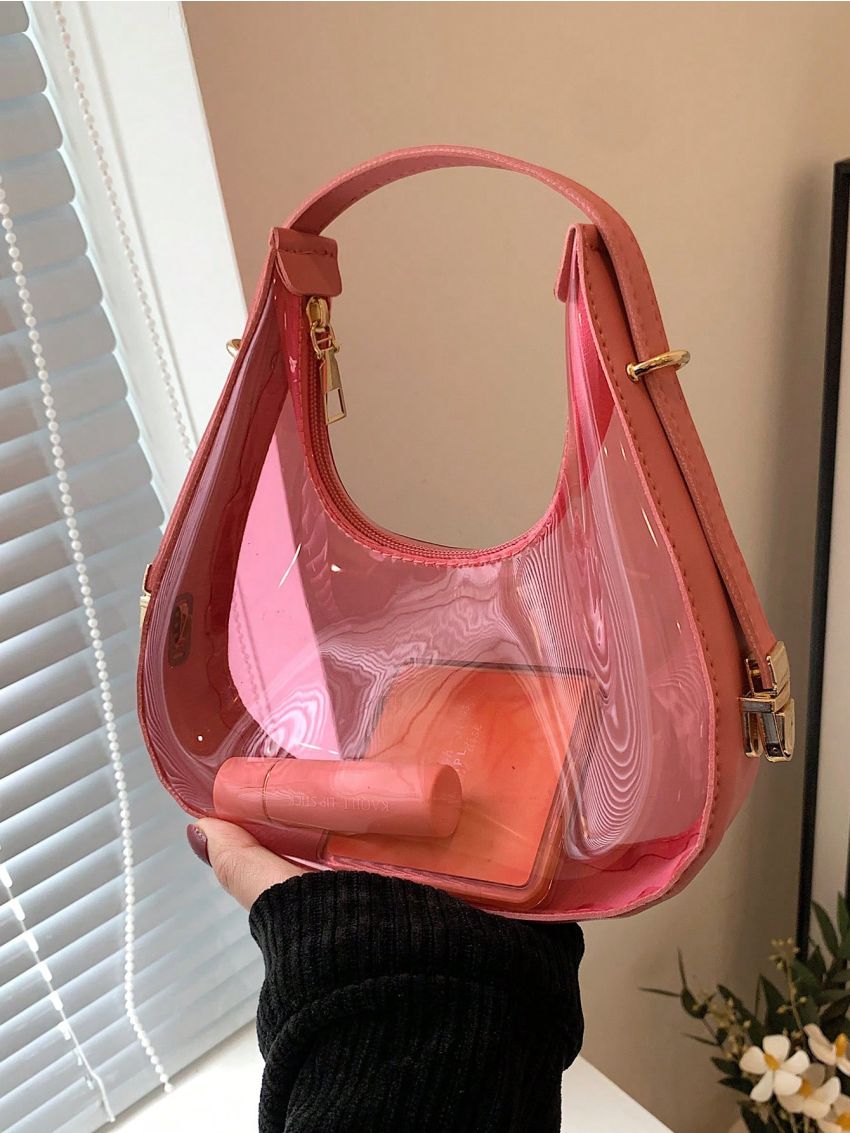 Mini Zipper Hobo Bag Fashionable PVC Pink, Clear Bag