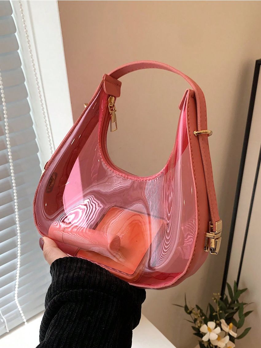 Mini Zipper Hobo Bag Fashionable PVC Pink, Clear Bag