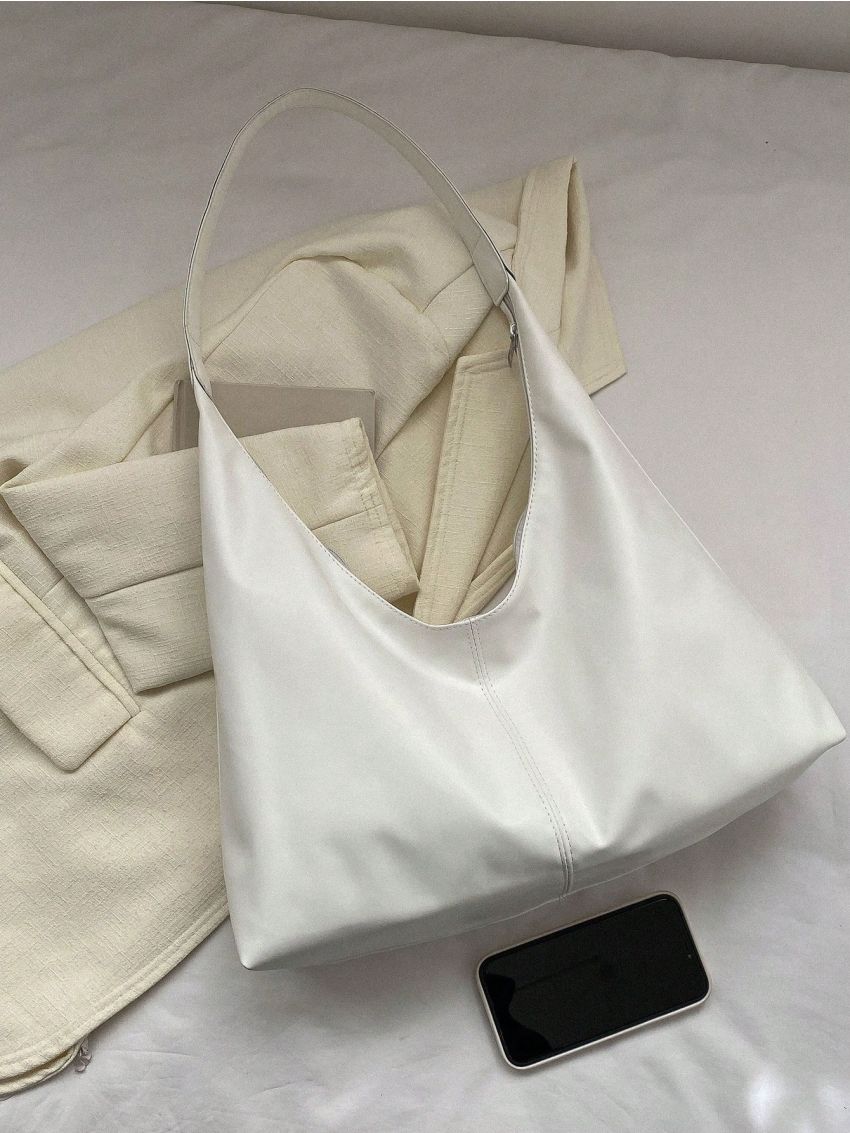 Large Hobo Bag Elegant White Zipper Lightweight PU