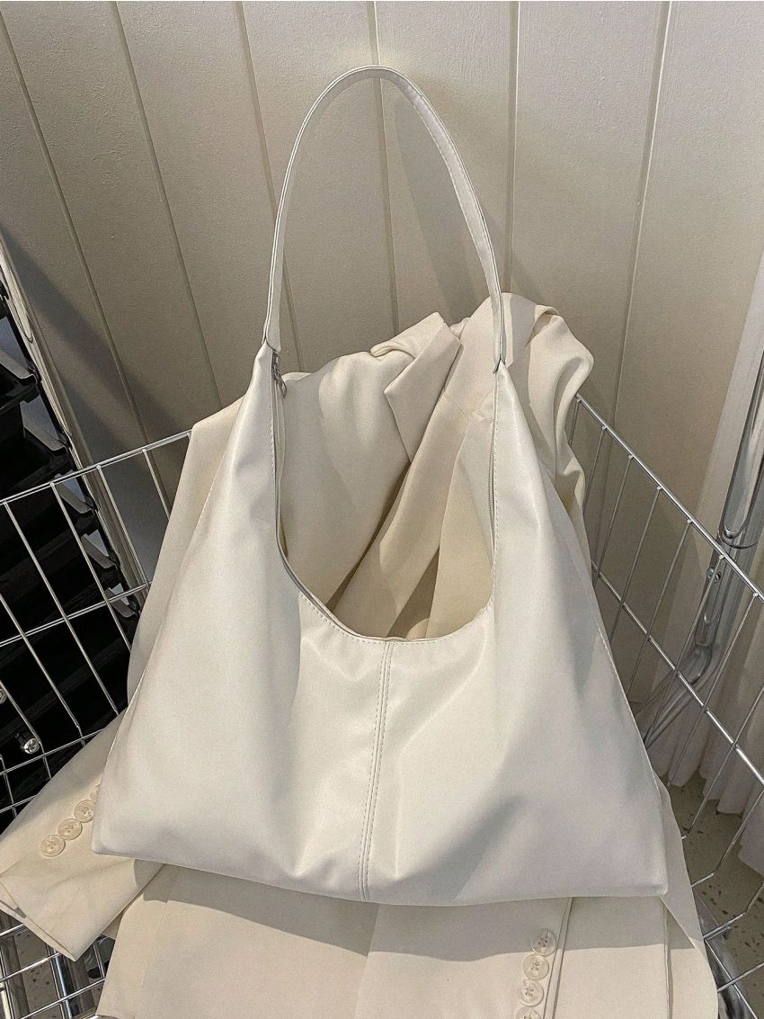 Large Hobo Bag Elegant White Zipper Lightweight PU