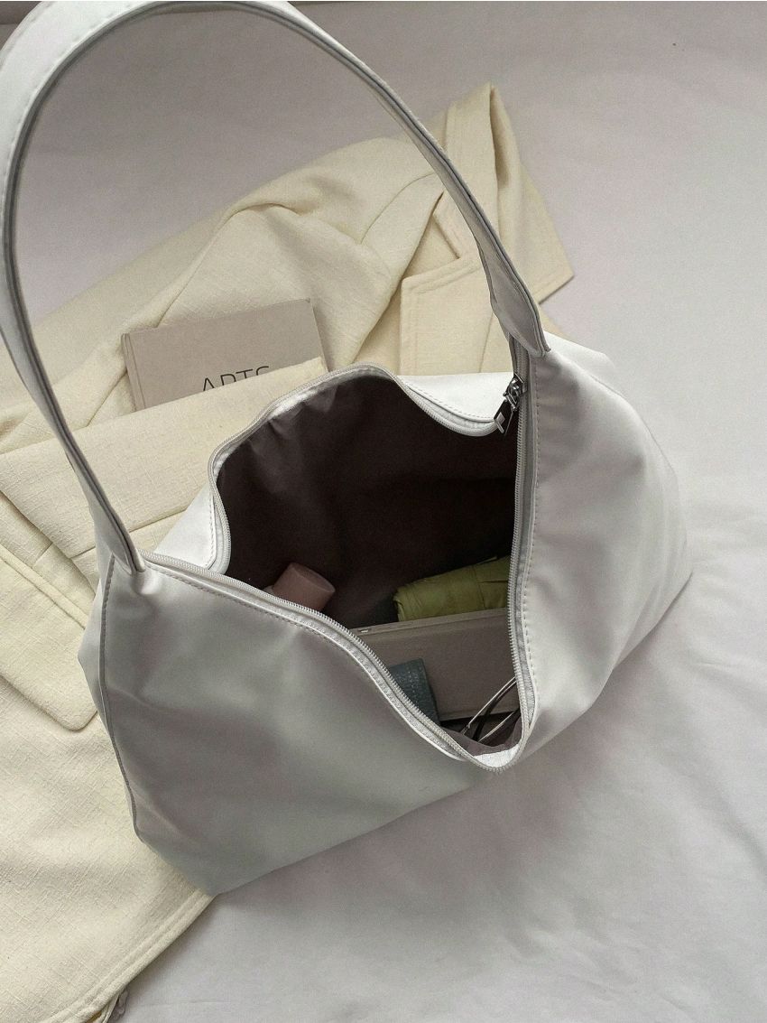 Large Hobo Bag Elegant White Zipper Lightweight PU