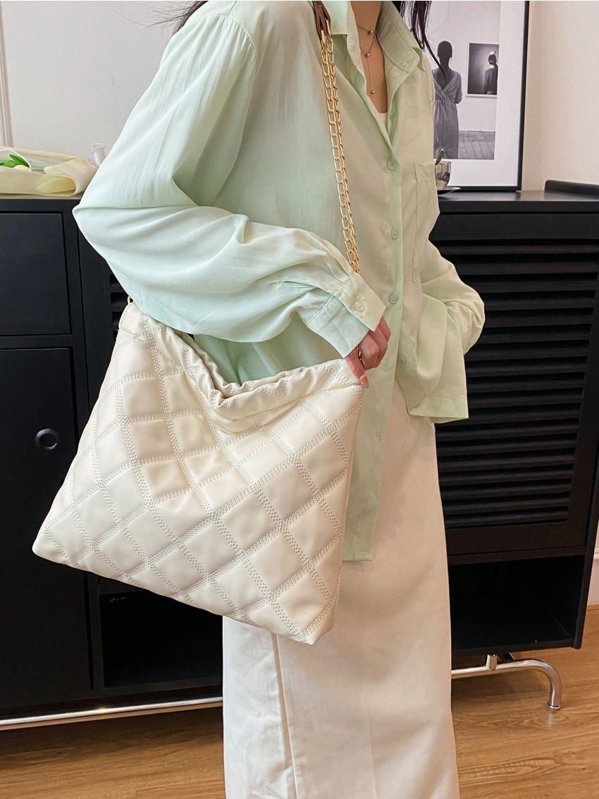 Elegant Shoulder Bag White Quilted Chain Snap Button PU