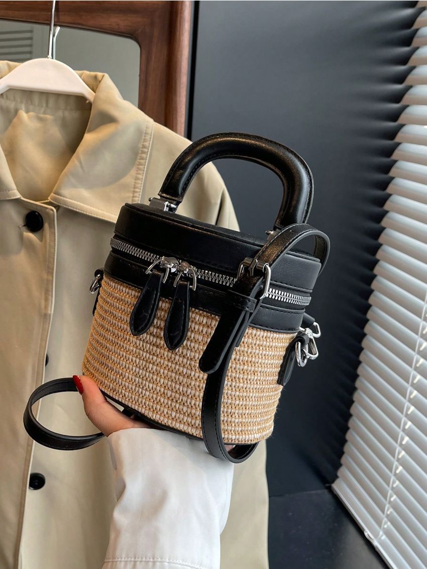 Mini Straw Bucket Bag Vacation Multi-function Adjustable-strap Top Handle