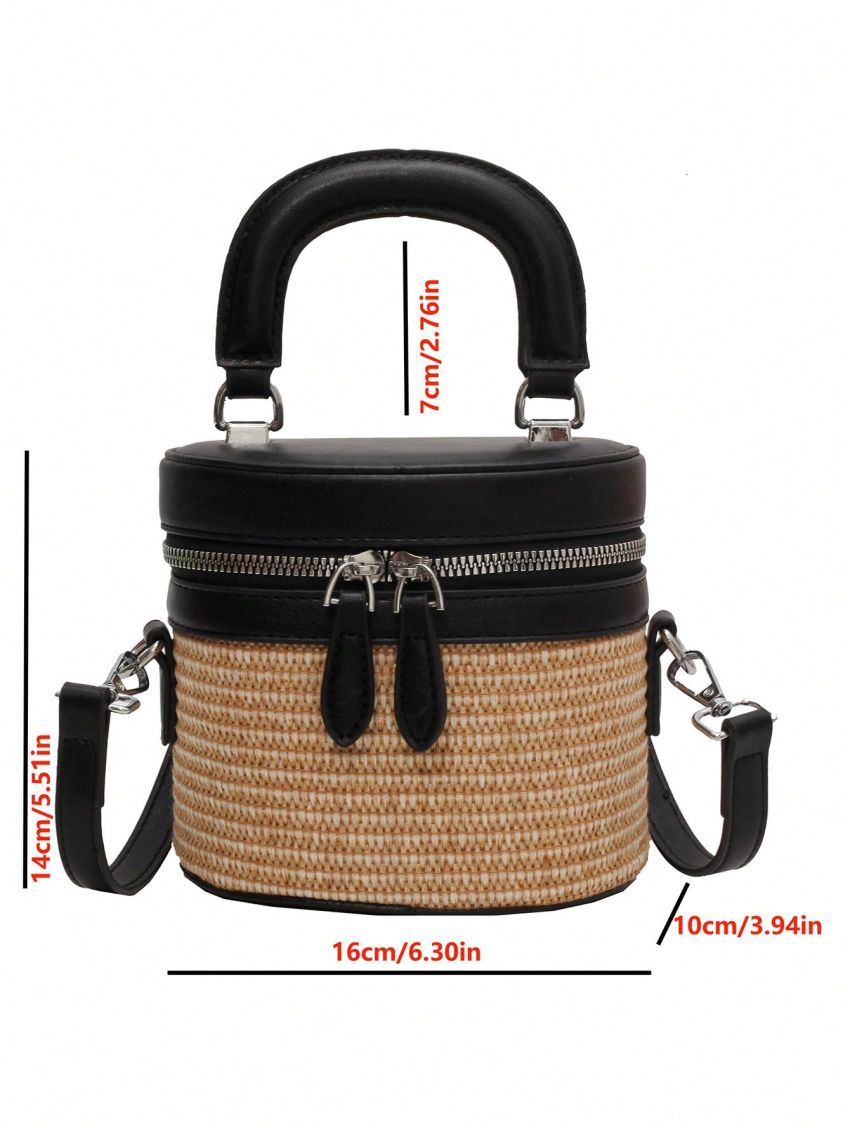 Mini Straw Bucket Bag Vacation Multi-function Adjustable-strap Top Handle