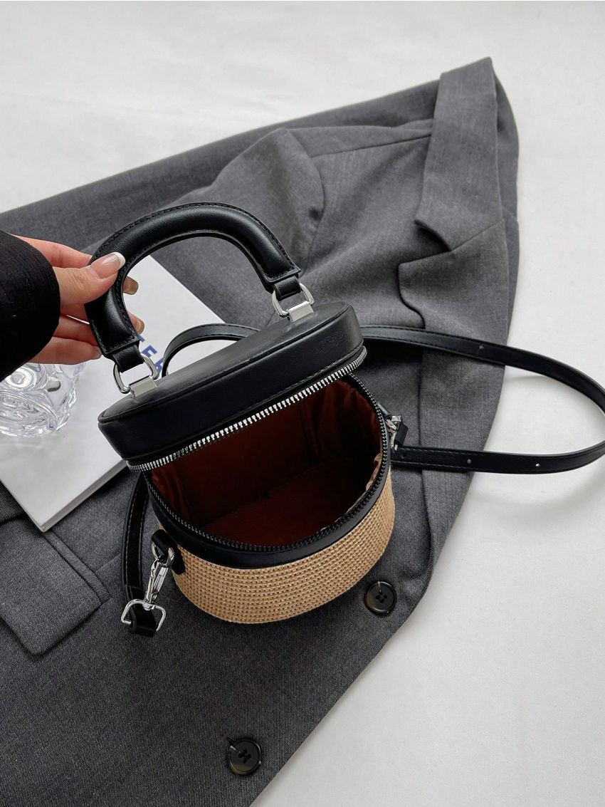 Mini Straw Bucket Bag Vacation Multi-function Adjustable-strap Top Handle