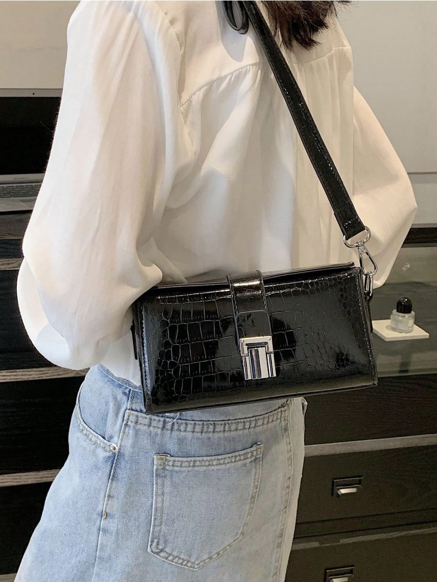 Mini Box Bag Crocodile Embossed Elegant Adjustable-strap