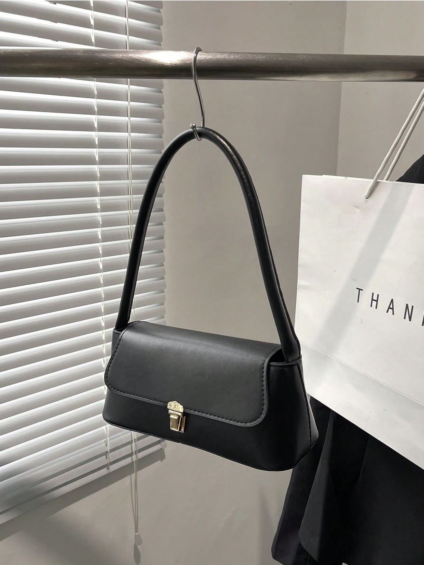 Black Flap Baguette Bag Elegant Push Lock PU