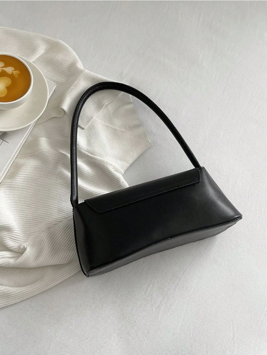 Black Flap Baguette Bag Elegant Push Lock PU
