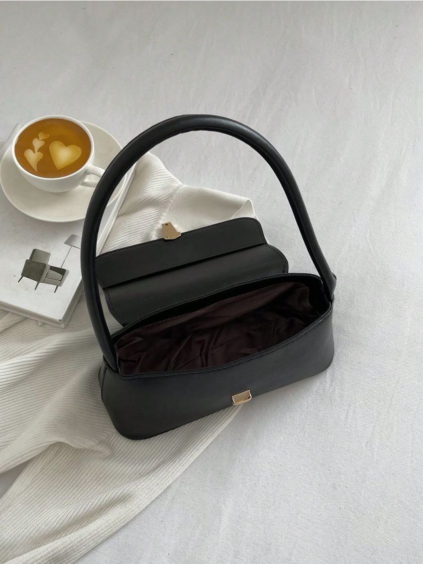 Black Flap Baguette Bag Elegant Push Lock PU