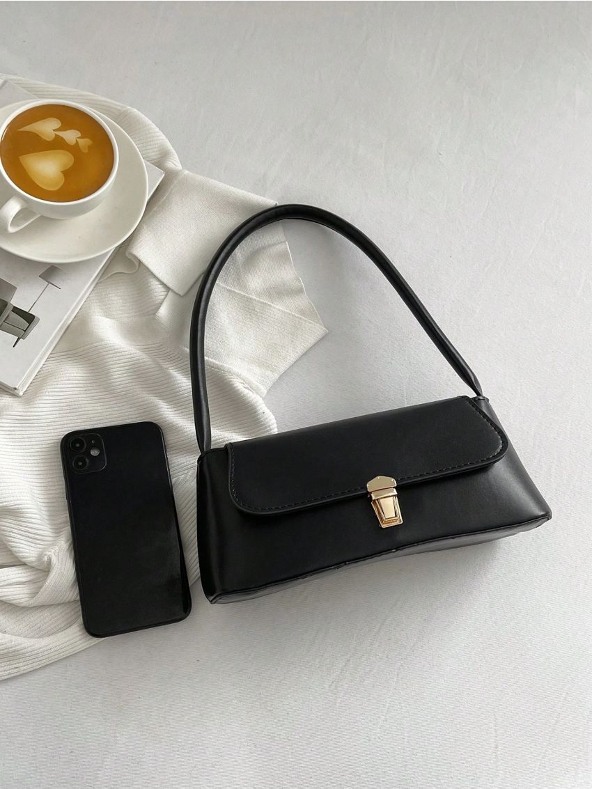 Black Flap Baguette Bag Elegant Push Lock PU