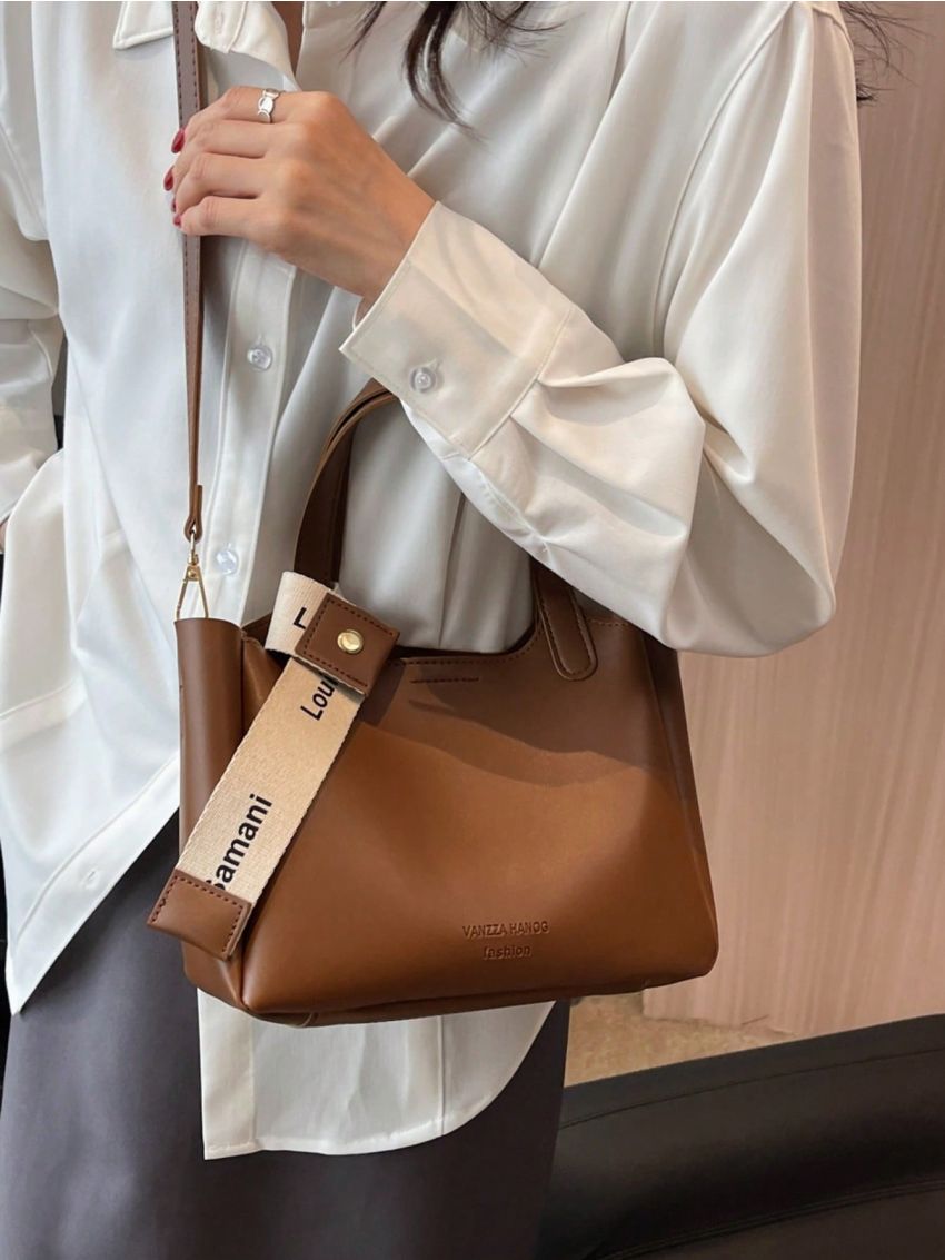 Letter Embossed Bucket Bag With Inner Pouch Fashionable Twilly Scarf Decor PU