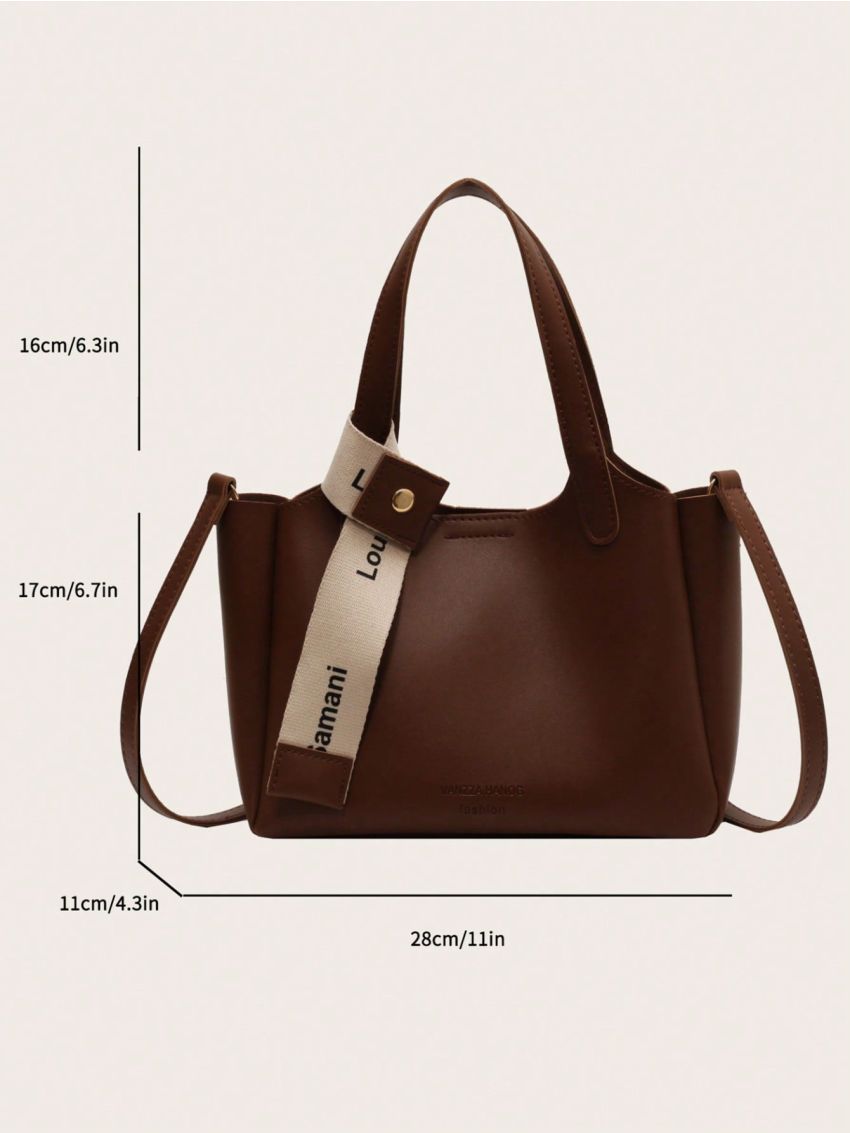 Letter Embossed Bucket Bag With Inner Pouch Fashionable Twilly Scarf Decor PU