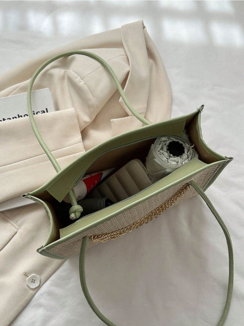 Contrast Binding Straw Bag Vacation Chain Decor Zipper