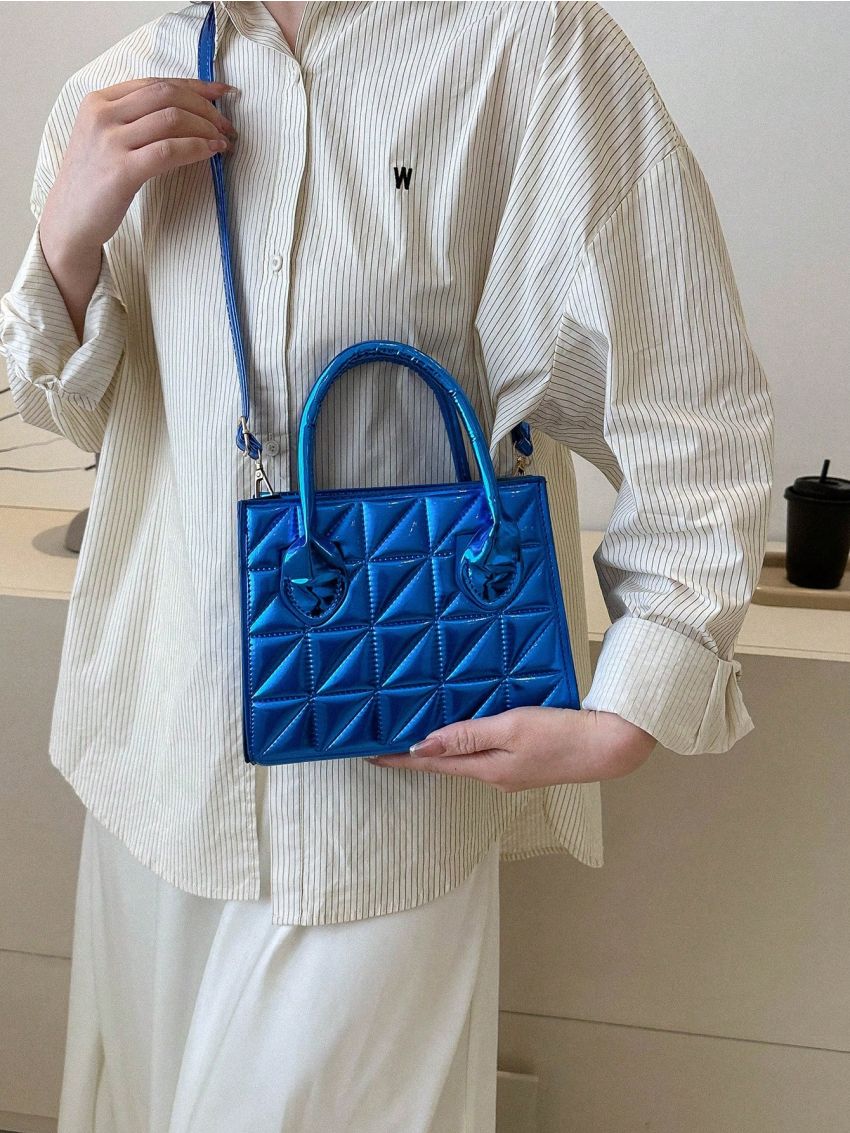 Blue Square Bag Funky Metallic Quilted Detail Double Handle PU