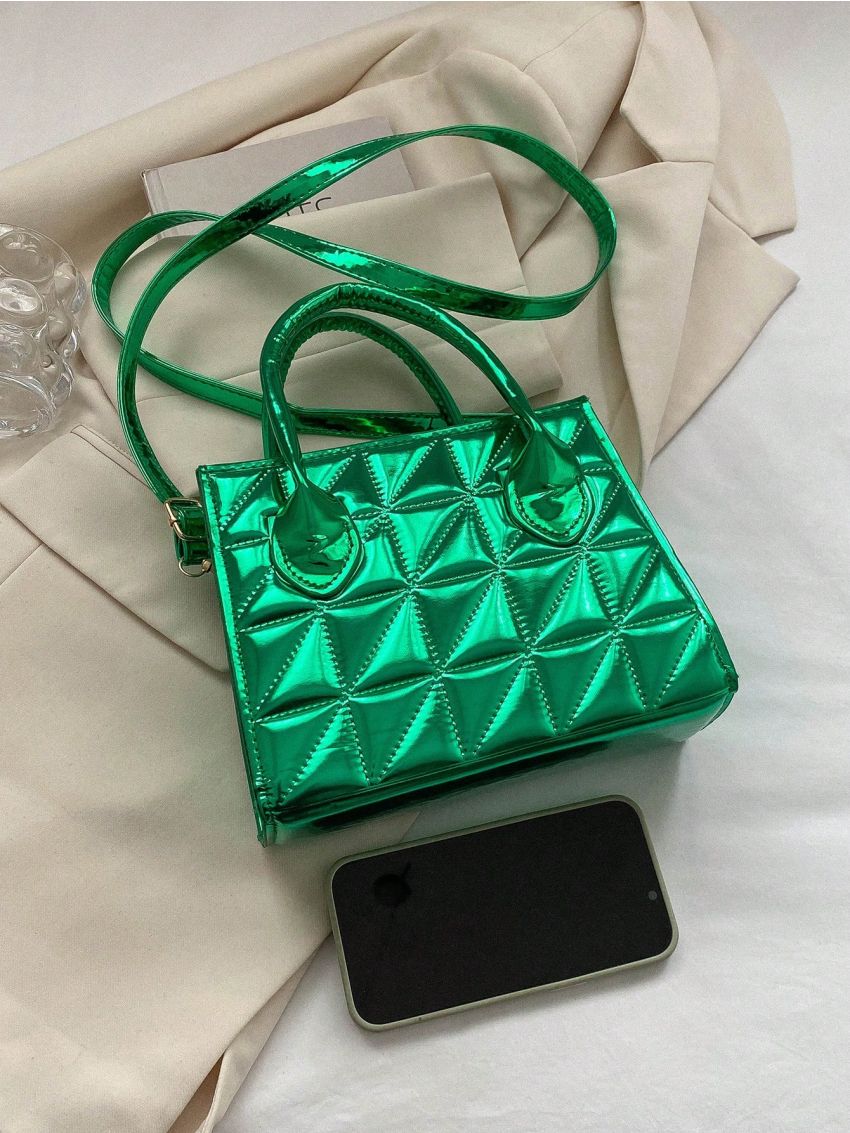 Metallic Square Bag Funky Quilted Detail Double Handle PU