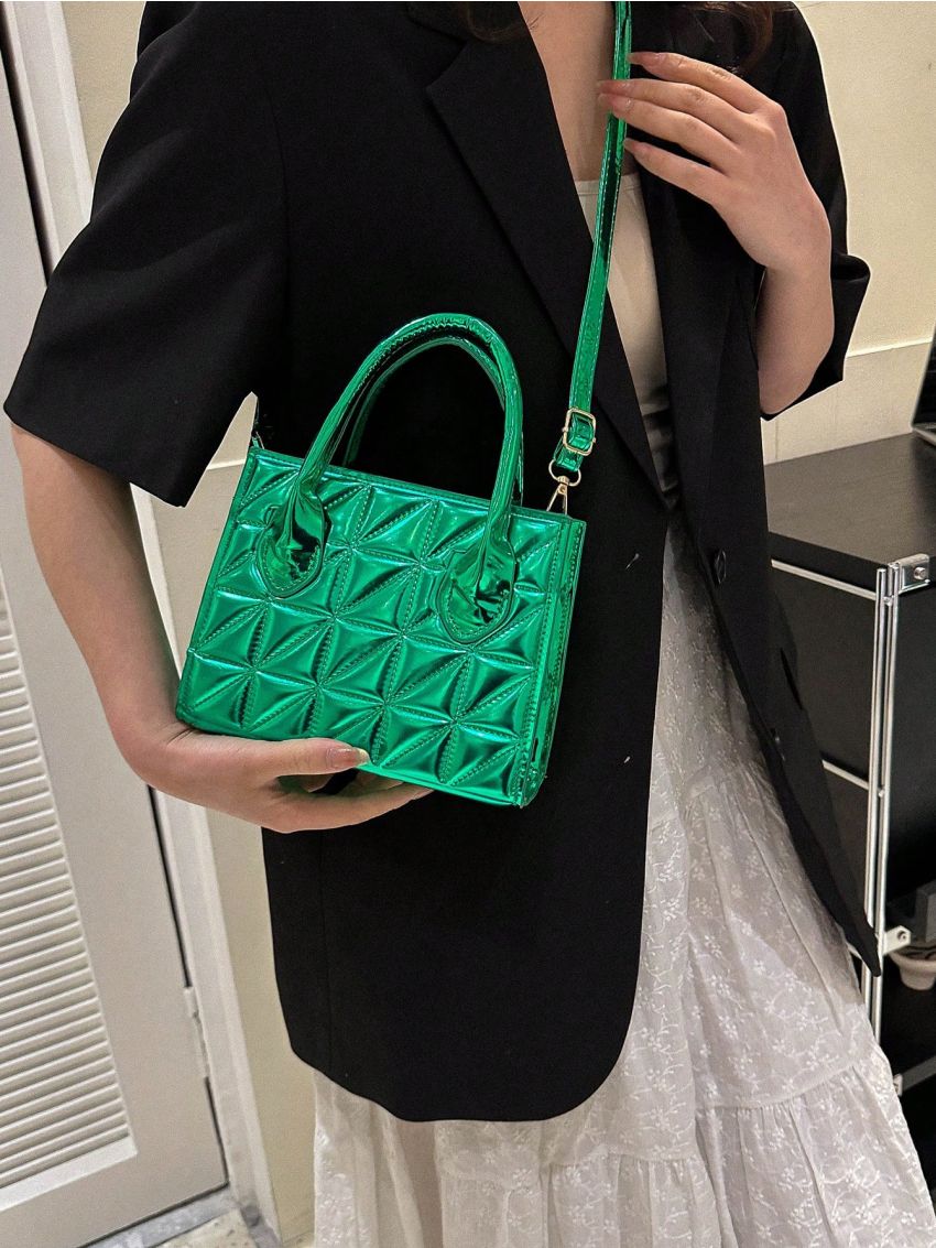 Metallic Square Bag Funky Quilted Detail Double Handle PU