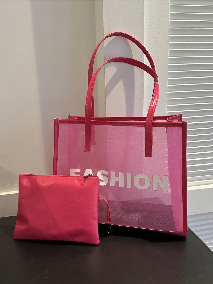 Fashionable & Versatile Tote Bag Double Handle Mesh Design With Small Pouch
