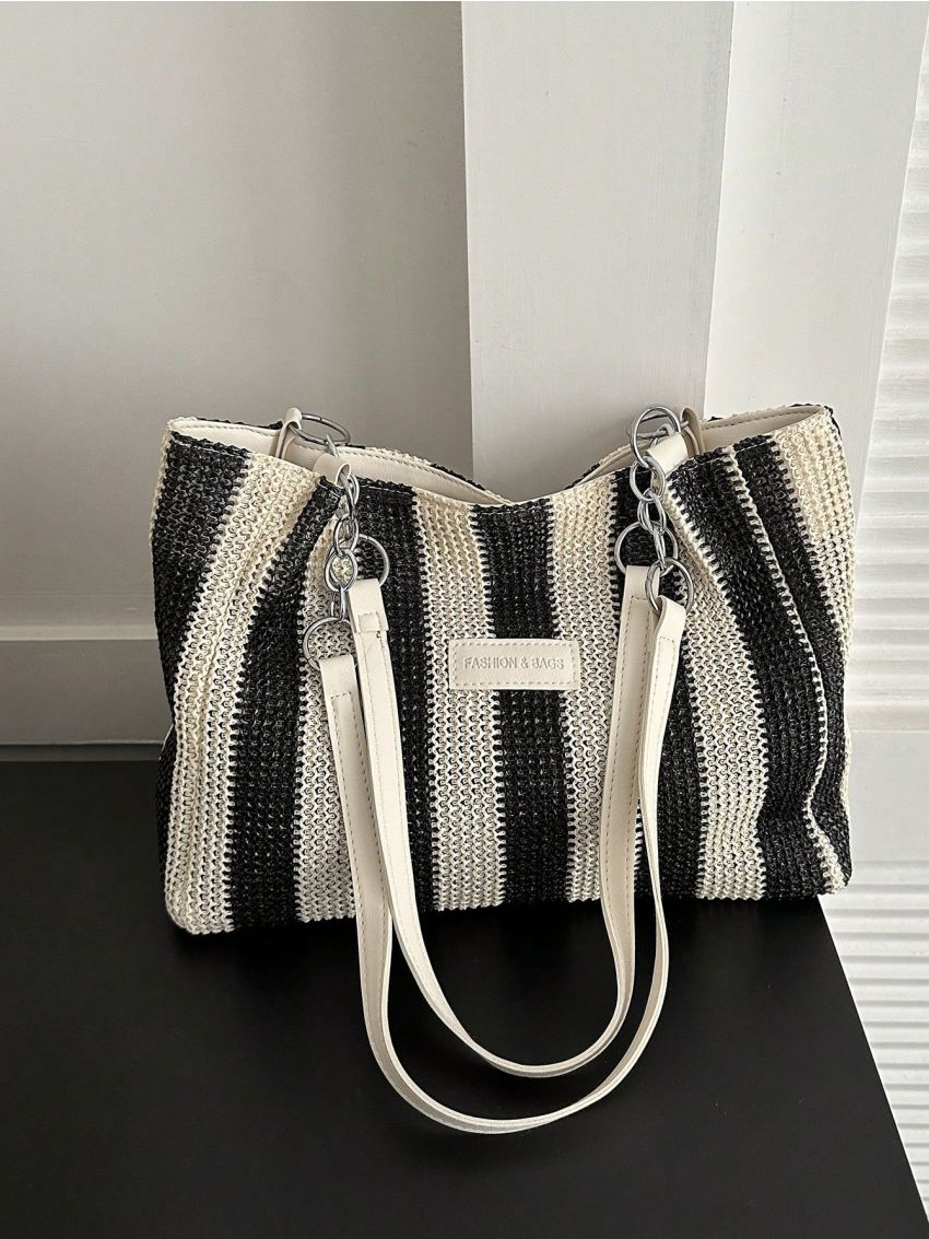 Random Striped Pattern Straw Bag Vacation Letter Patch Decor Paper