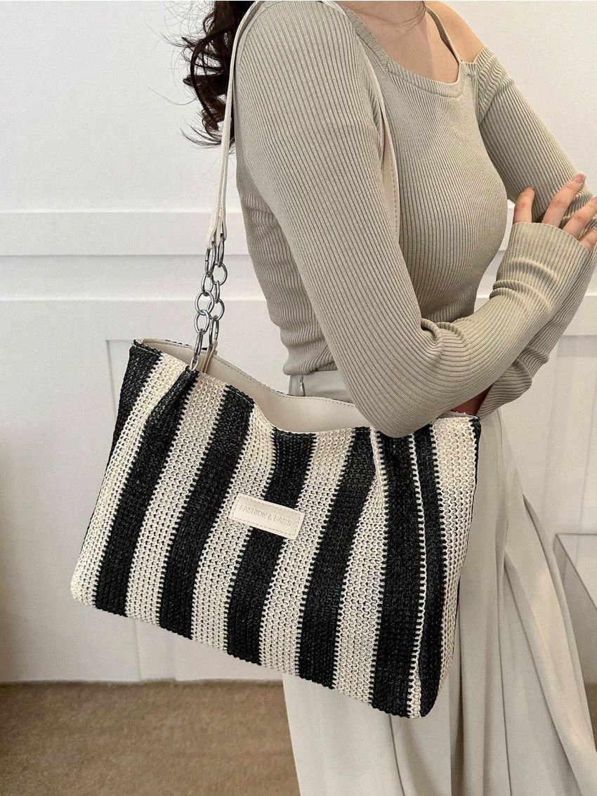 Random Striped Pattern Straw Bag Vacation Letter Patch Decor Paper