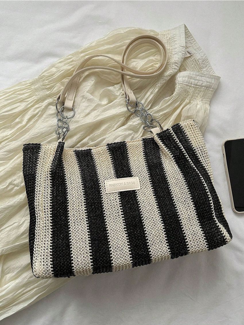 Random Striped Pattern Straw Bag Vacation Letter Patch Decor Paper