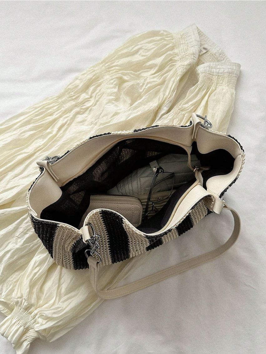 Random Striped Pattern Straw Bag Vacation Letter Patch Decor Paper