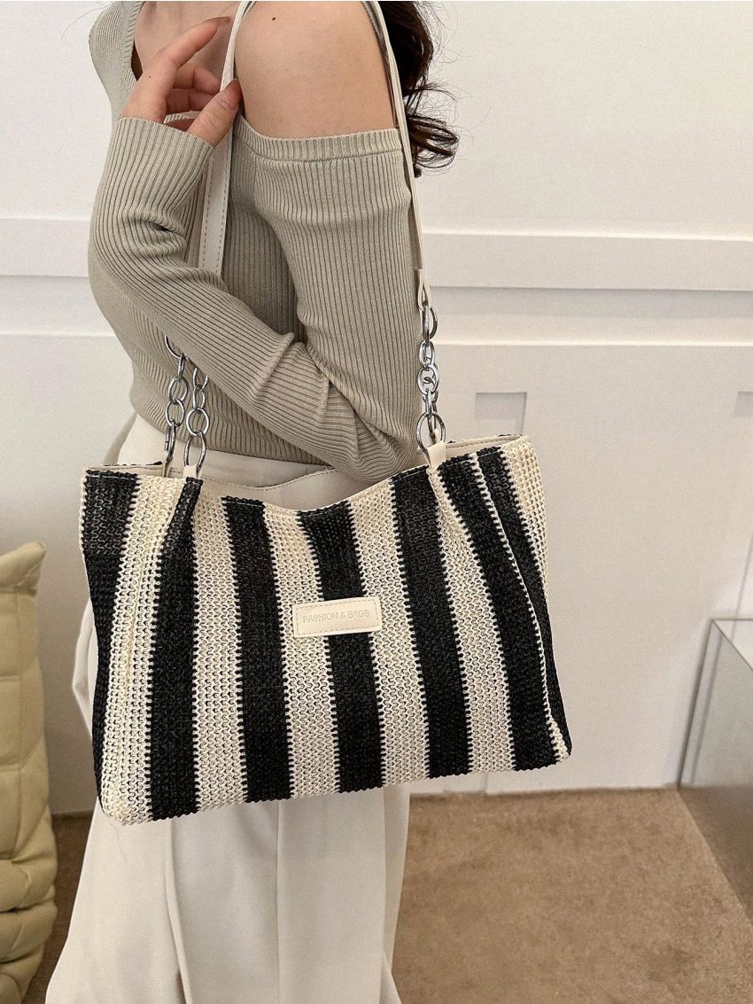 Random Striped Pattern Straw Bag Vacation Letter Patch Decor Paper