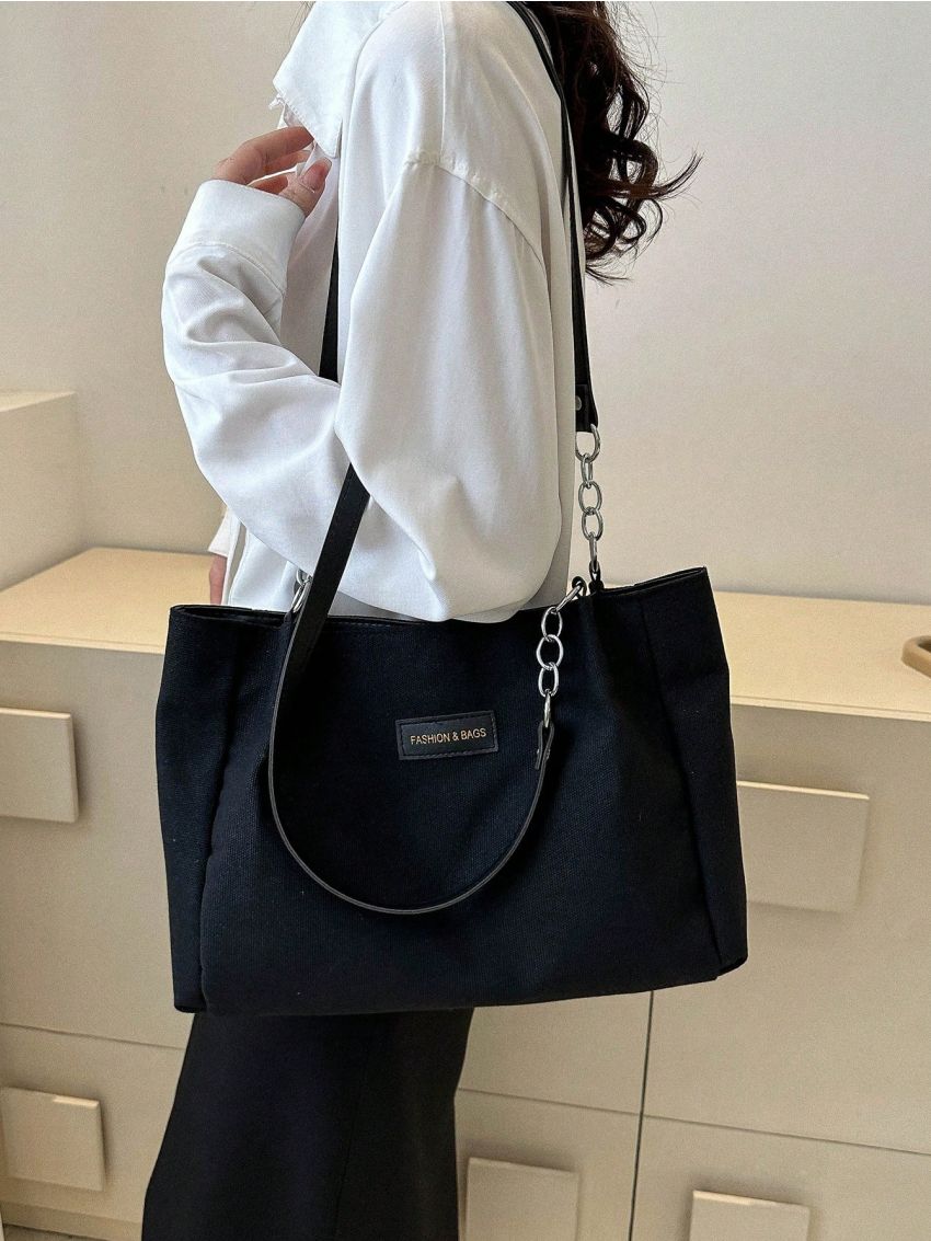 Black Shoulder Tote Bag Fashionable Letter Patch Decor