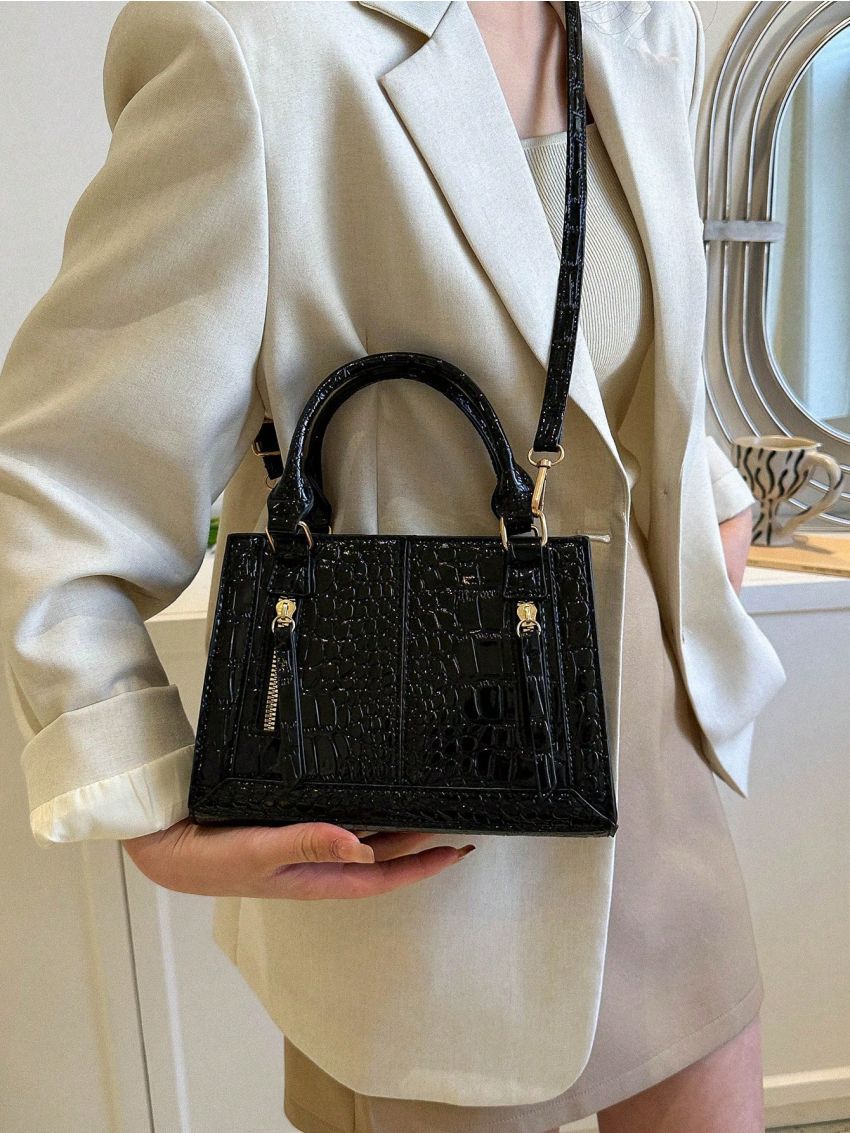 Crocodile Embossed Square Bag Elegant Double Handle Zipper PU