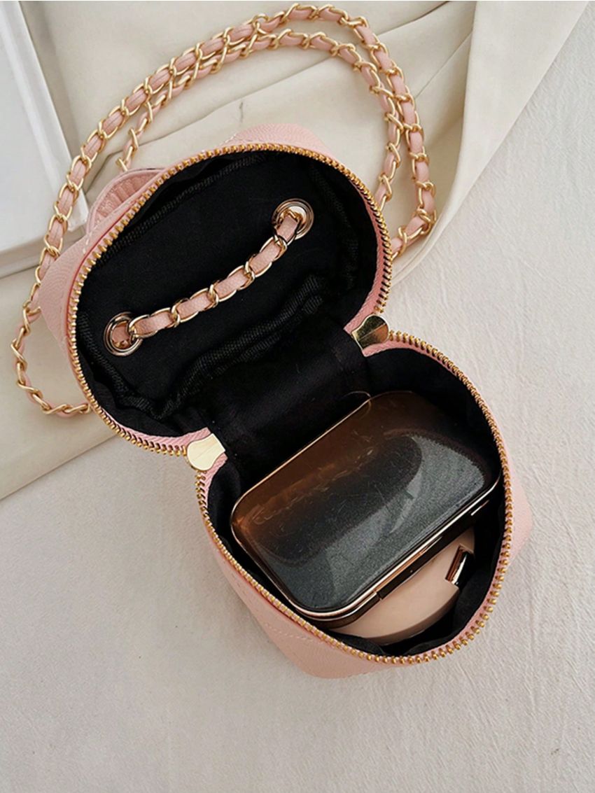 Mini Bucket Bag Fashionable Textured Top Handle Zipper Chain PU