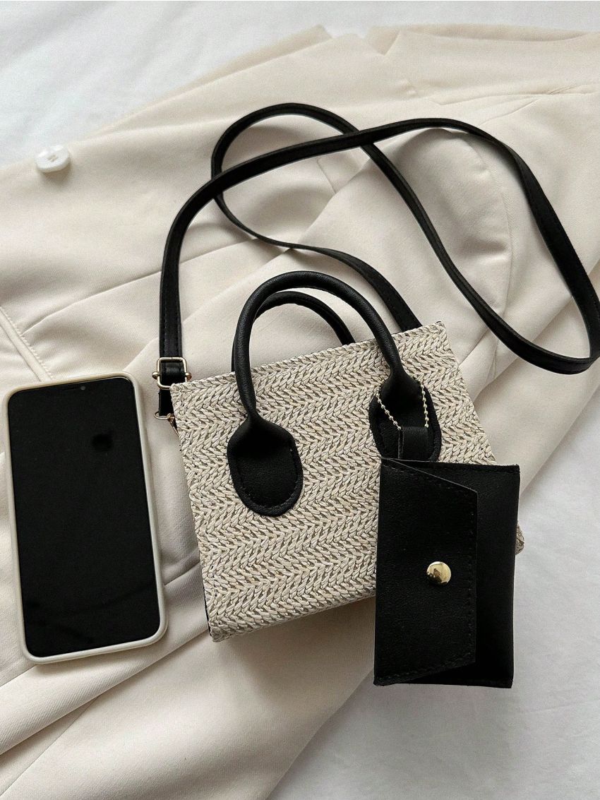 Mini Straw Bag With Coin Purse Vacation Double Handle PU