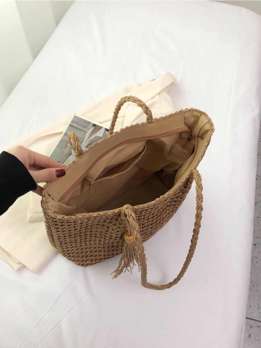 Khaki Straw Bag Vacation Tassel & Bead Decor Zipper