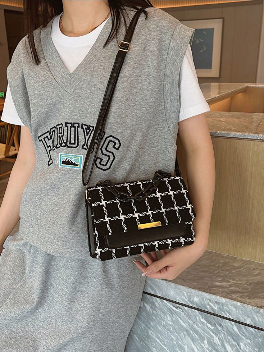Plaid Pattern Flap Square Bag Fashionable Chain Decor