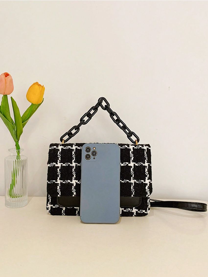 Plaid Pattern Flap Square Bag Fashionable Chain Decor