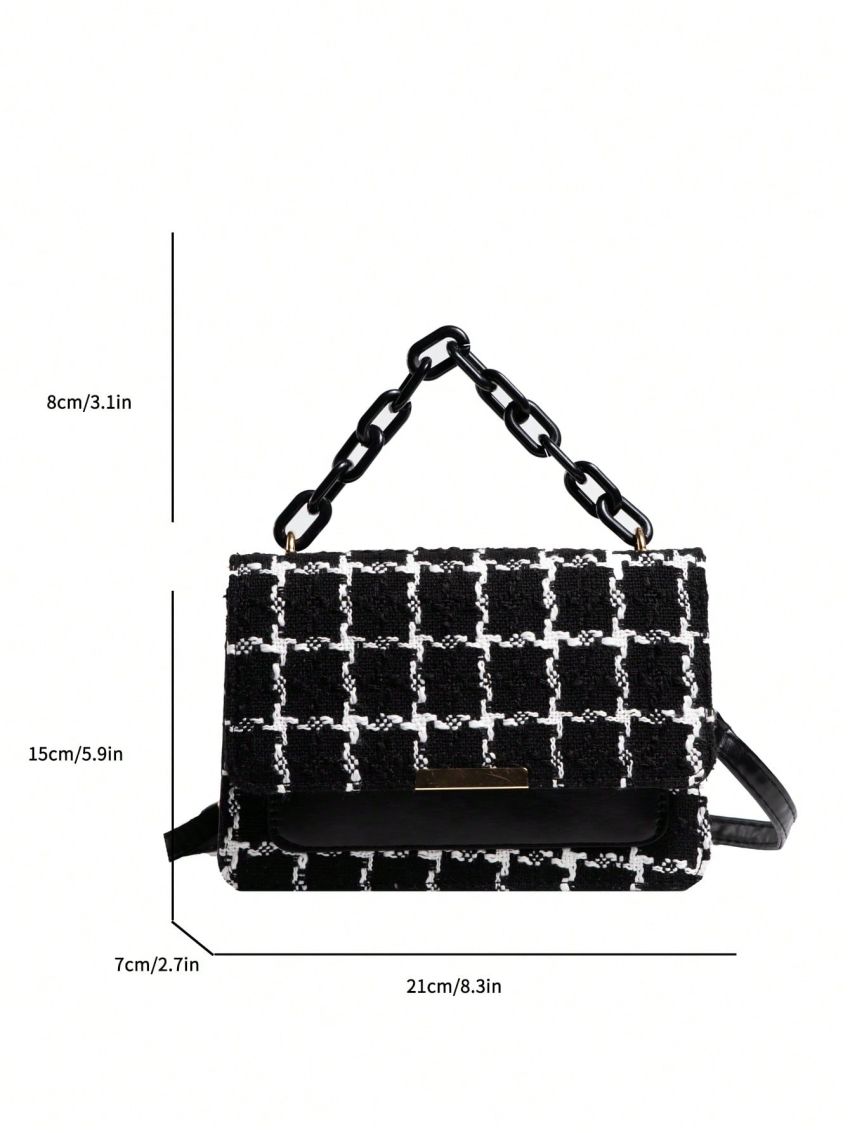 Plaid Pattern Flap Square Bag Fashionable Chain Decor