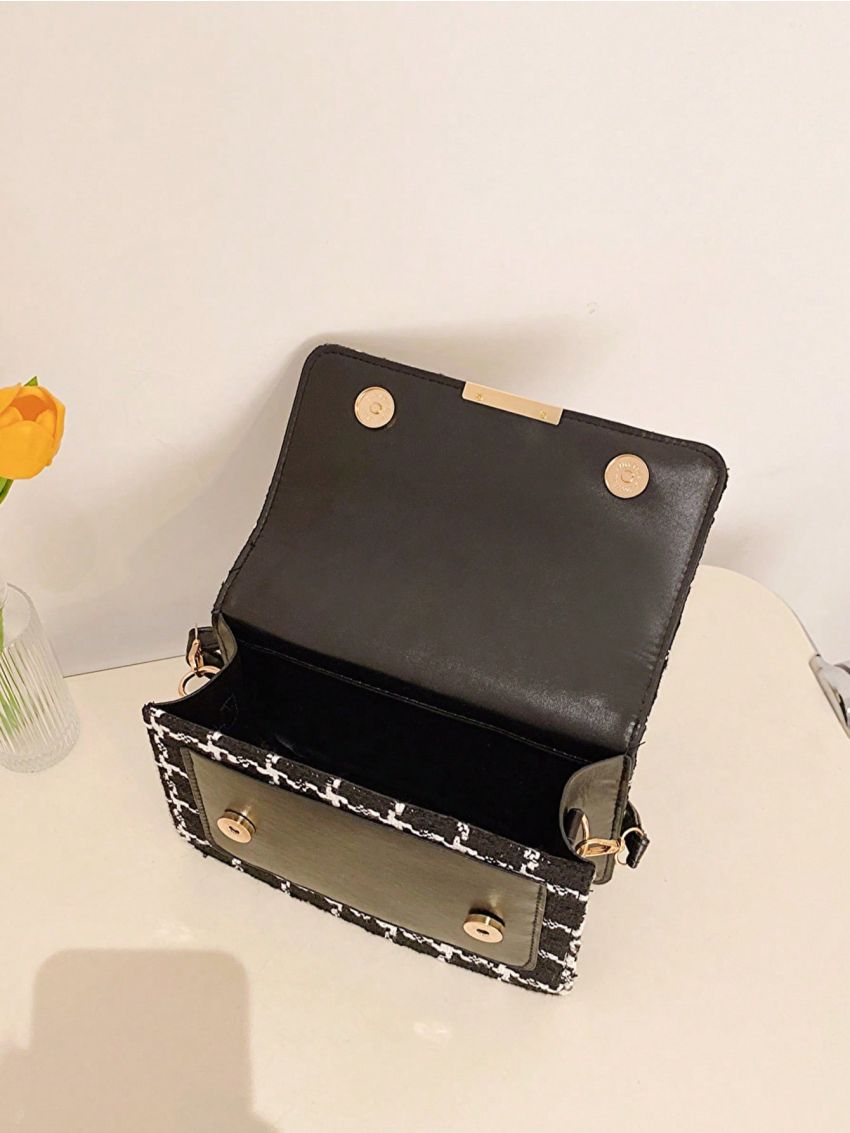 Plaid Pattern Flap Square Bag Fashionable Chain Decor