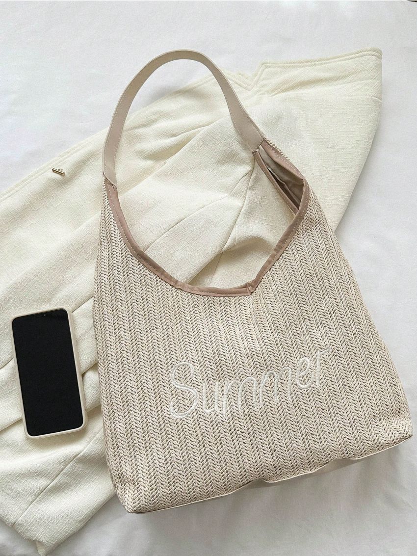 Large Straw Bag Vacation Letter Embroidered Magnet Paper