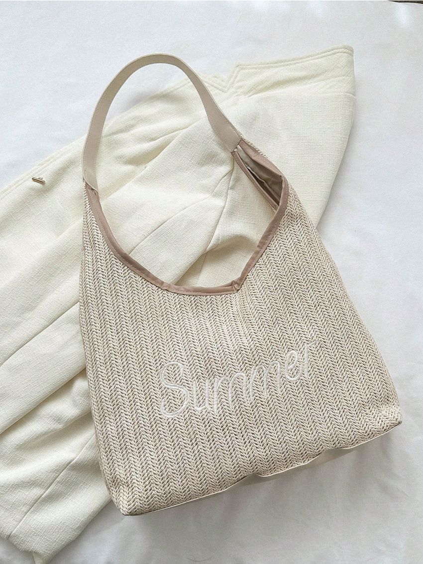 Large Straw Bag Vacation Letter Embroidered Magnet Paper