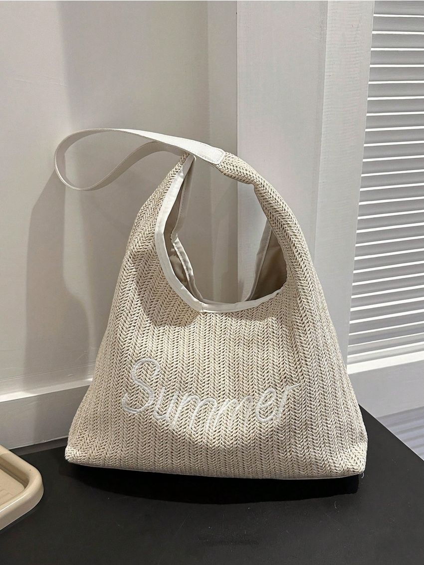 Large Straw Bag Vacation Letter Embroidered Magnet Paper