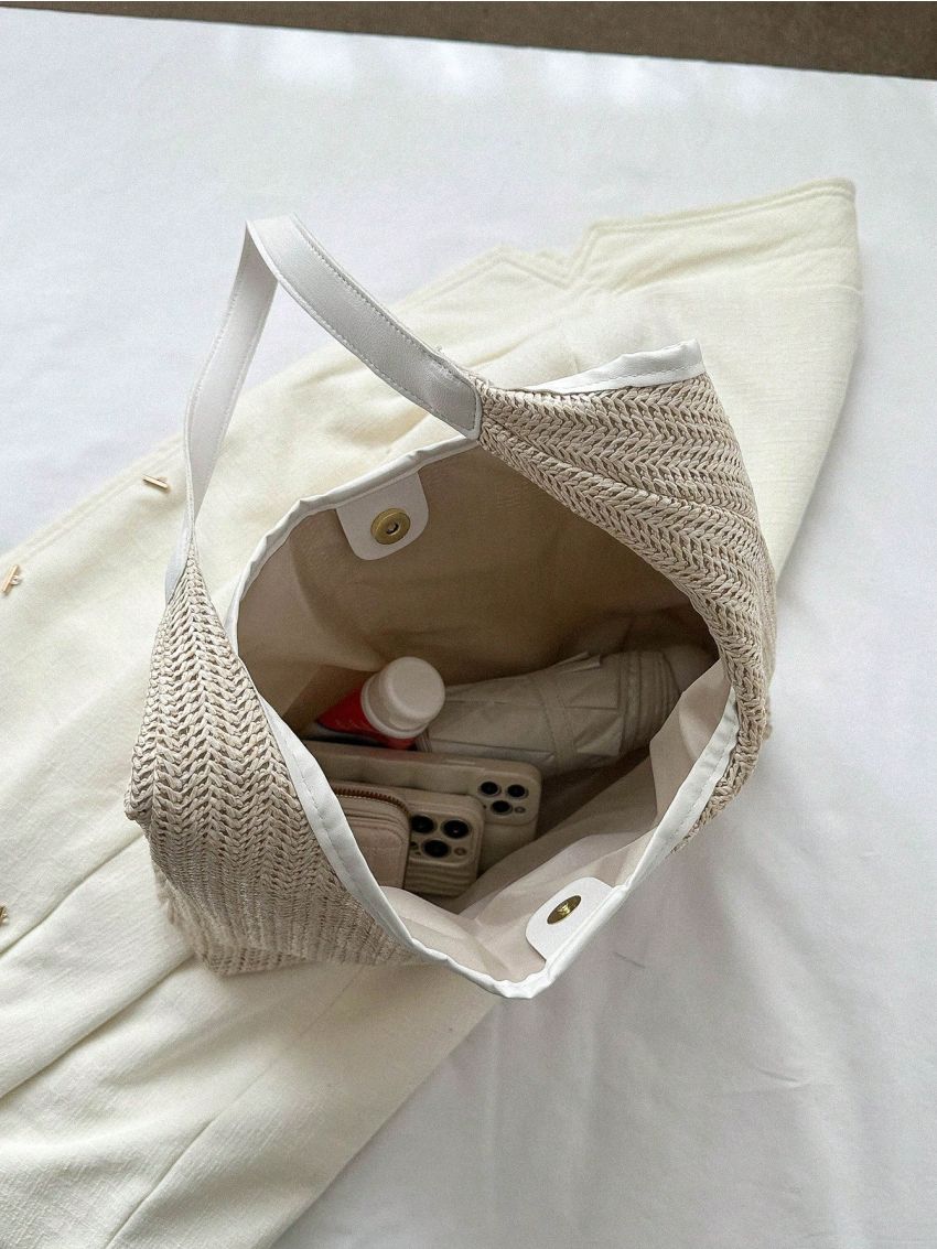 Large Straw Bag Vacation Letter Embroidered Magnet Paper