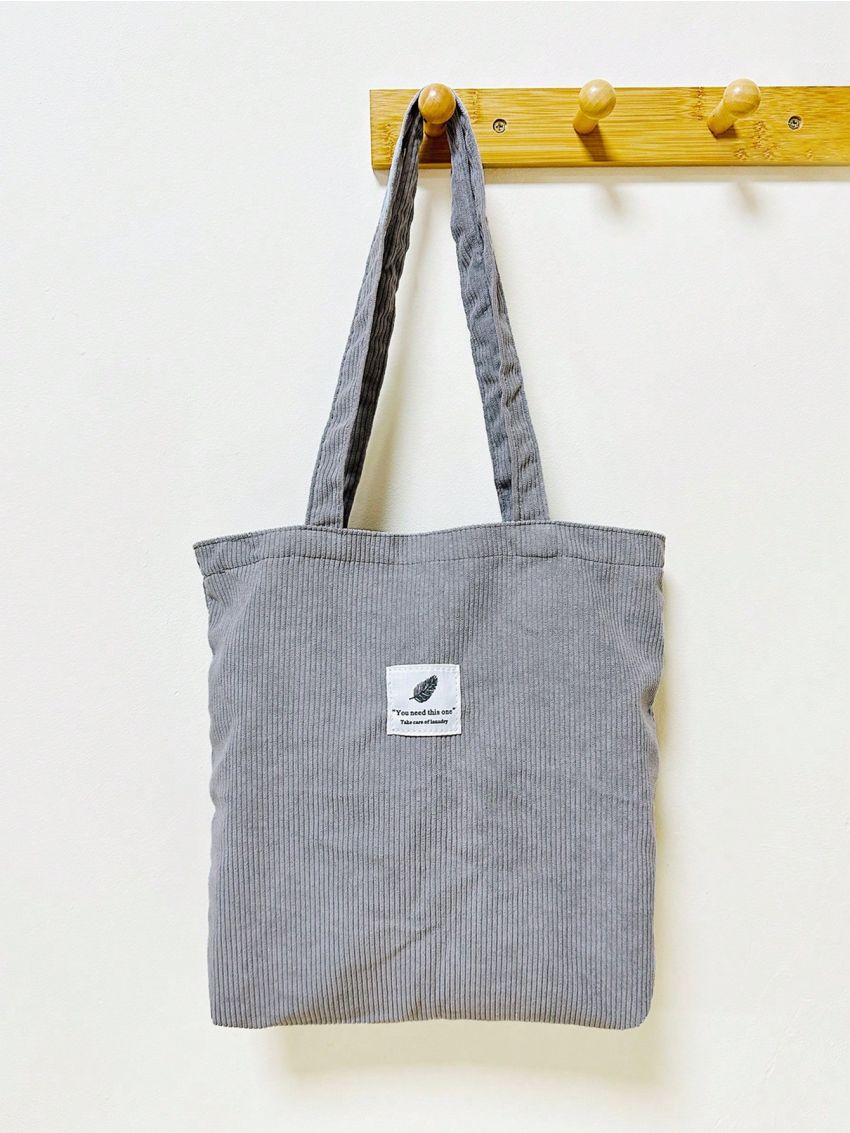 Retro Corduroy Tote Bag Women's Simple Shoulder Bag Letter Patch Decor Handbag